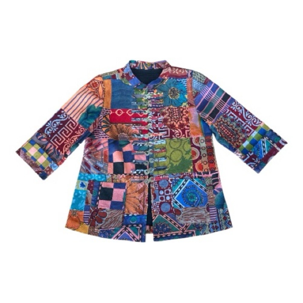 BOHO WOMENS COTTON PATCHWORK JACKET W/ COIN DETAIL ON MOCK BUTTON CLOSURE